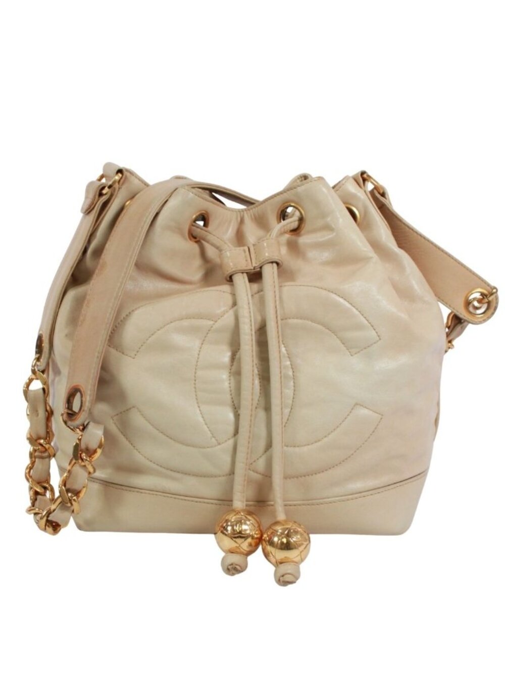 Chanel CC Logo Drawstring Lambskin Beige Shoulder Bag Gold